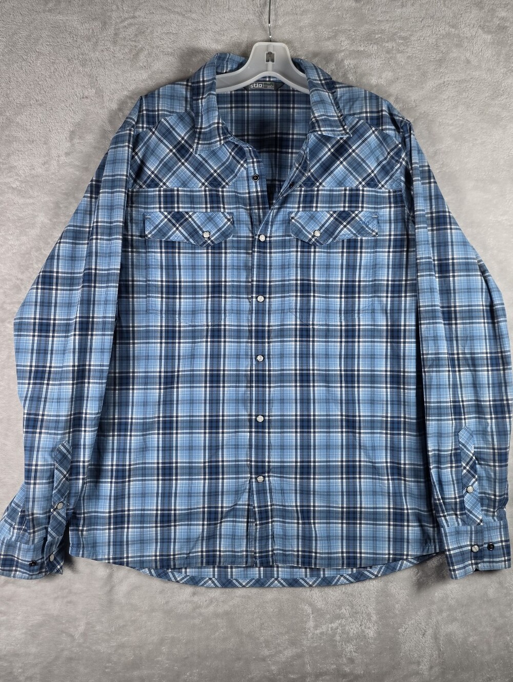 Stio Plaid Pearl Snap Long Sleeve Mens Size Large Blue Plaid Performance